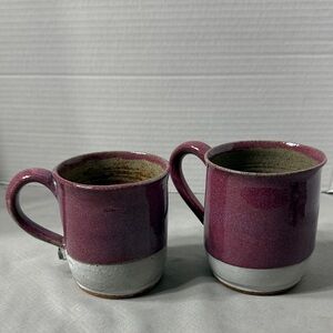 Two Rustic Handmade Stoneware Pottery Mugs Cups Two Tone Glaze Speckled Signed